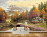 Avikalp MWZ2840 Clouds Trees Orange Purple Leaves Houses Mountains Bridge Flowers Grass Garden Painting HD Wallpaper