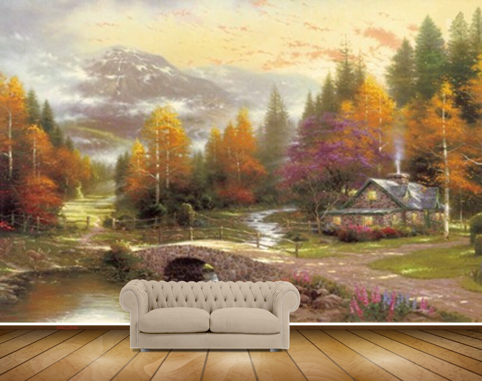 Avikalp MWZ2840 Clouds Trees Orange Purple Leaves Houses Mountains Bridge Flowers Grass Garden Painting HD Wallpaper