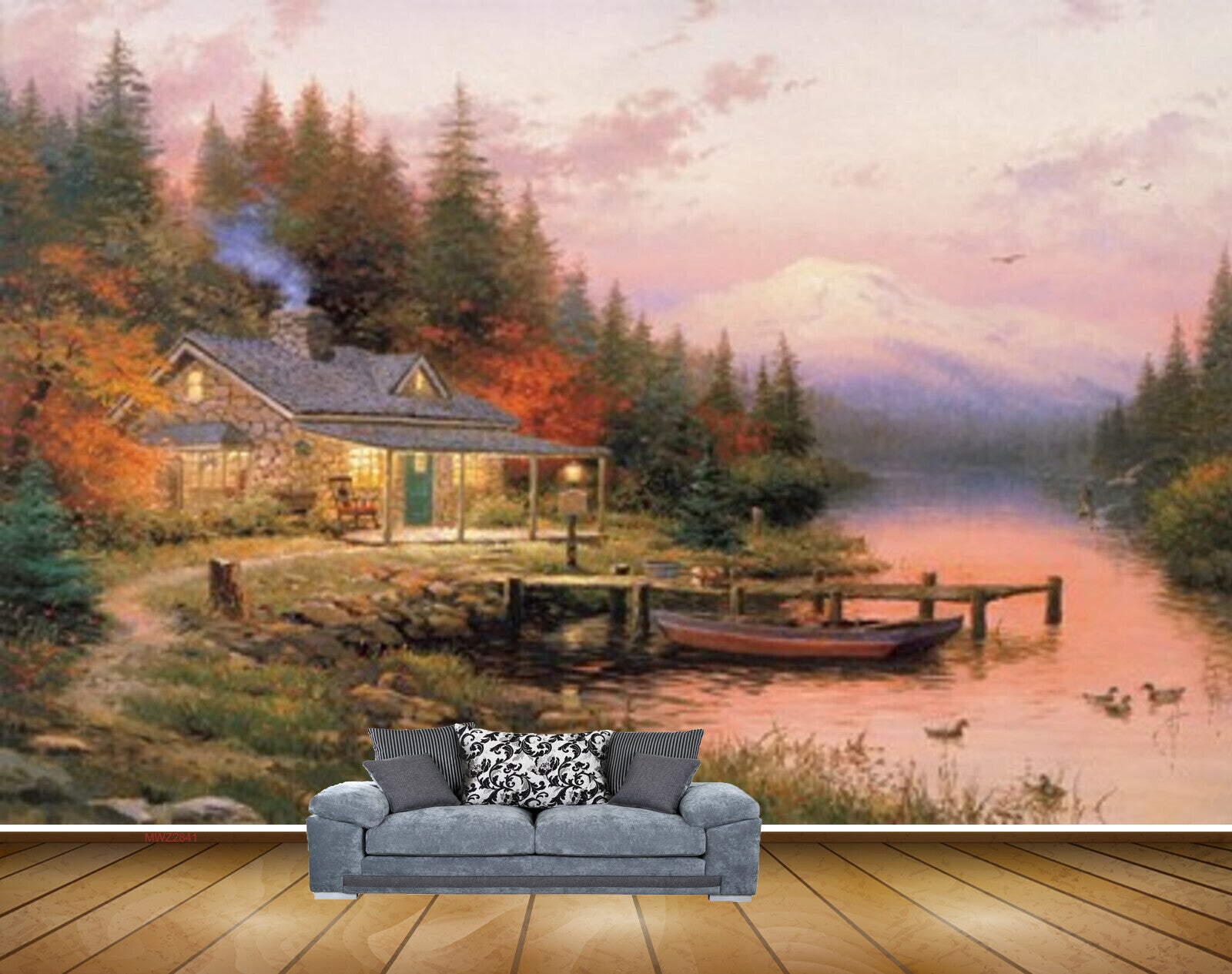 Avikalp MWZ2841 Mountains Trees Birds House Chair Boat Wooden Grass Stones River Lake Pond Water Painting HD Wallpaper