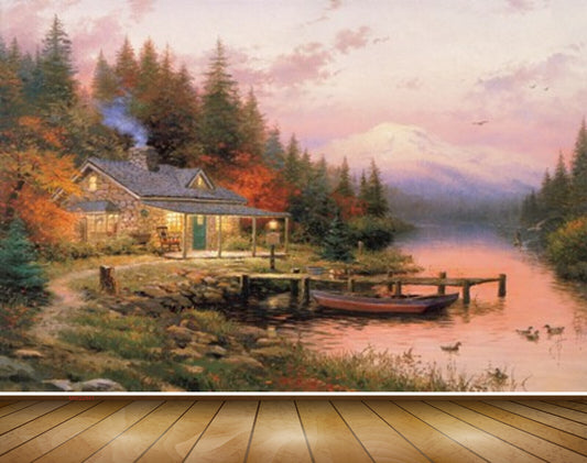 Avikalp MWZ2841 Mountains Trees Birds House Chair Boat Wooden Grass Stones River Lake Pond Water Painting HD Wallpaper