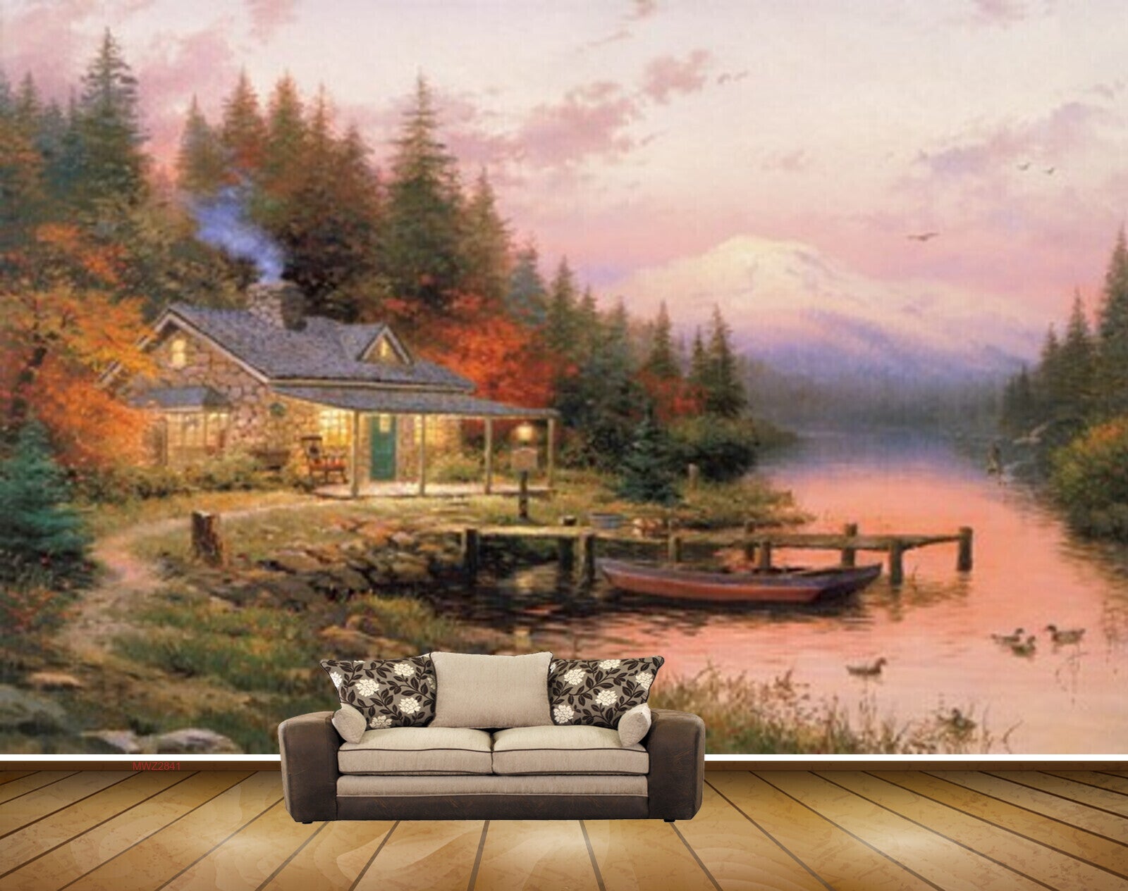 Avikalp MWZ2841 Mountains Trees Birds House Chair Boat Wooden Grass Stones River Lake Pond Water Painting HD Wallpaper