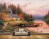 Avikalp MWZ2841 Mountains Trees Birds House Chair Boat Wooden Grass Stones River Lake Pond Water Painting HD Wallpaper