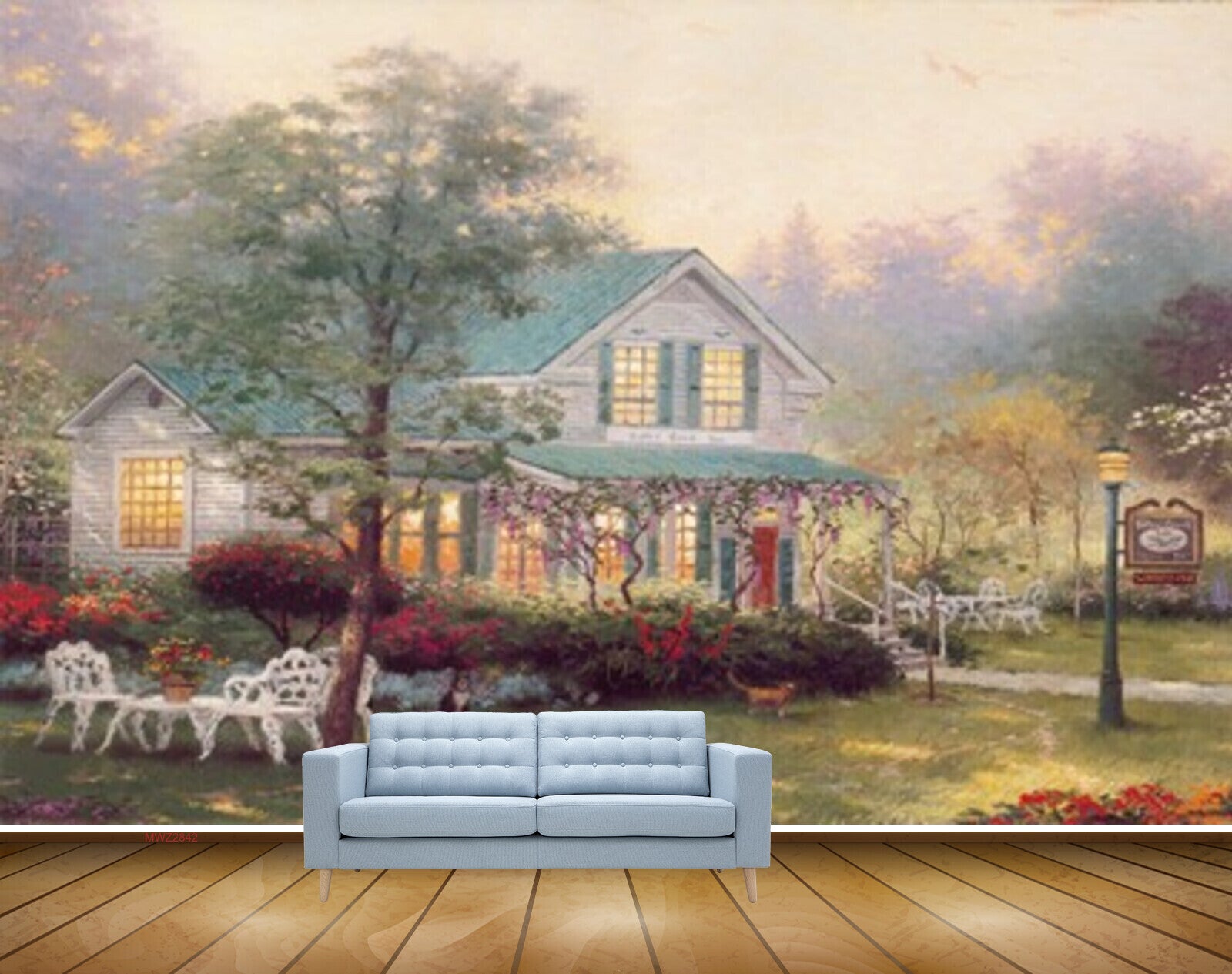 Avikalp MWZ2842 Trees Houses Dogs Cat Table Chairs Lamps Clouds Grass Garden Flowers Lamps Painting HD Wallpaper