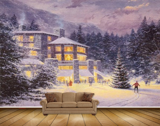 Avikalp MWZ2843 Mountains Trees Houses Snow Man Snowfalls People Painting HD Wallpaper