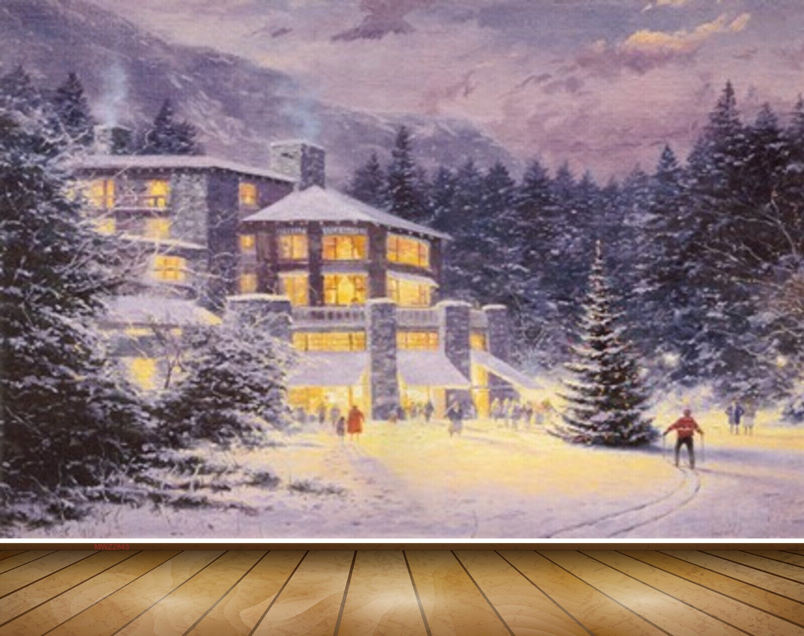Avikalp MWZ2843 Mountains Trees Houses Snow Man Snowfalls People Painting HD Wallpaper