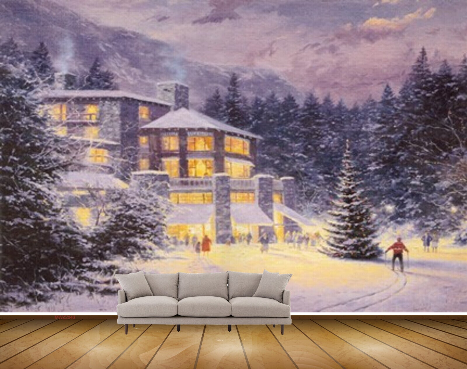 Avikalp MWZ2843 Mountains Trees Houses Snow Man Snowfalls People Painting HD Wallpaper