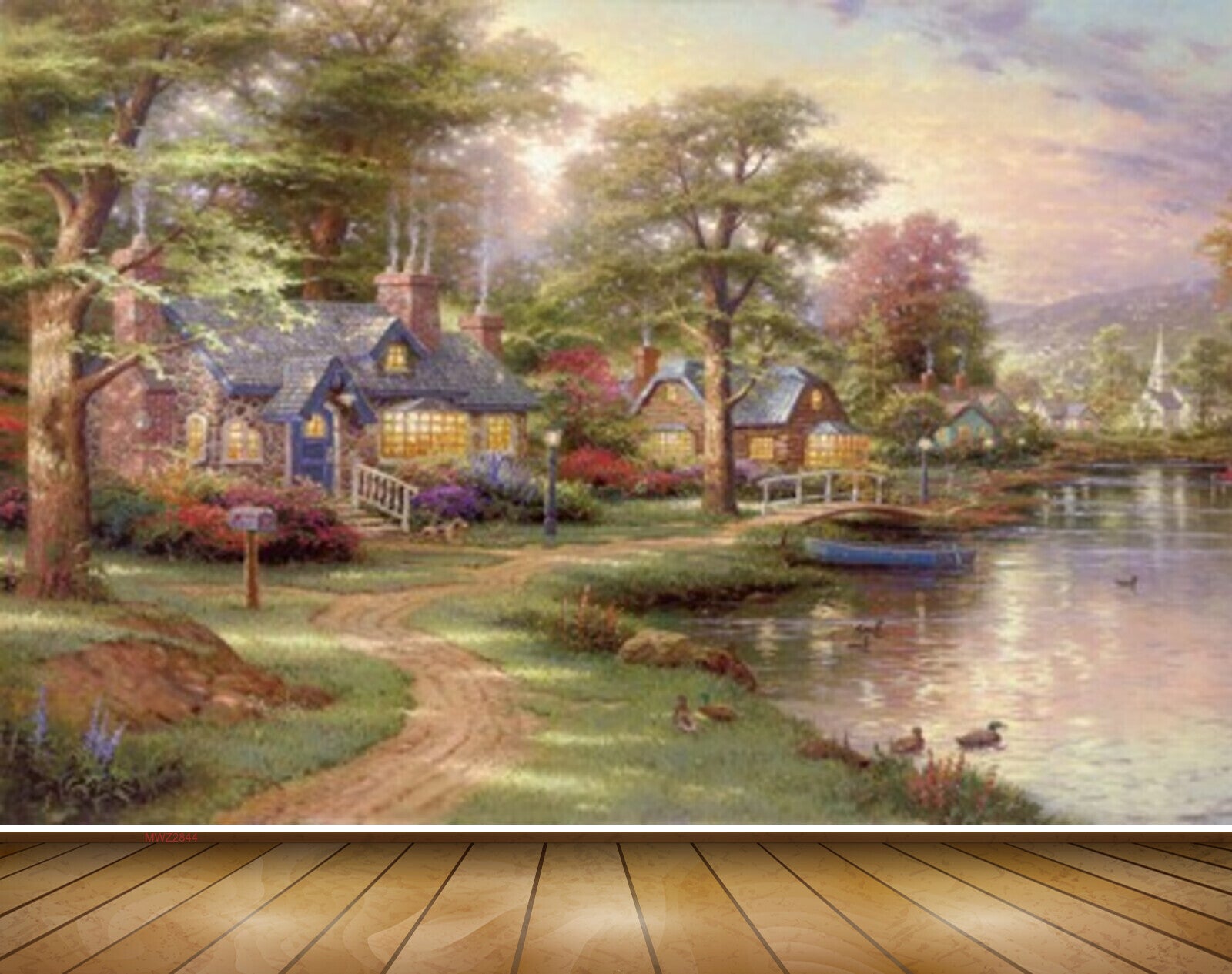 Avikalp MWZ2844 Clouds Trees Mountains Houses Lake River Water Boats Grass Off Road Swans Ducks Painting HD Wallpaper
