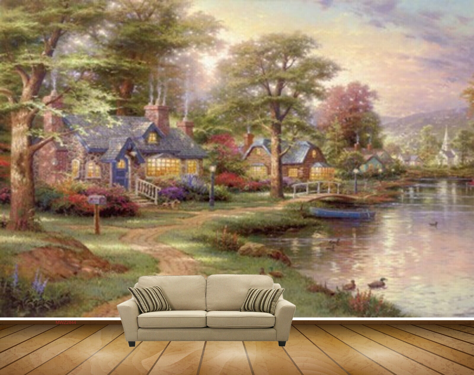 Avikalp MWZ2844 Clouds Trees Mountains Houses Lake River Water Boats Grass Off Road Swans Ducks Painting HD Wallpaper