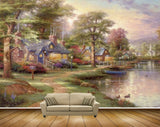Avikalp MWZ2844 Clouds Trees Mountains Houses Lake River Water Boats Grass Off Road Swans Ducks Painting HD Wallpaper
