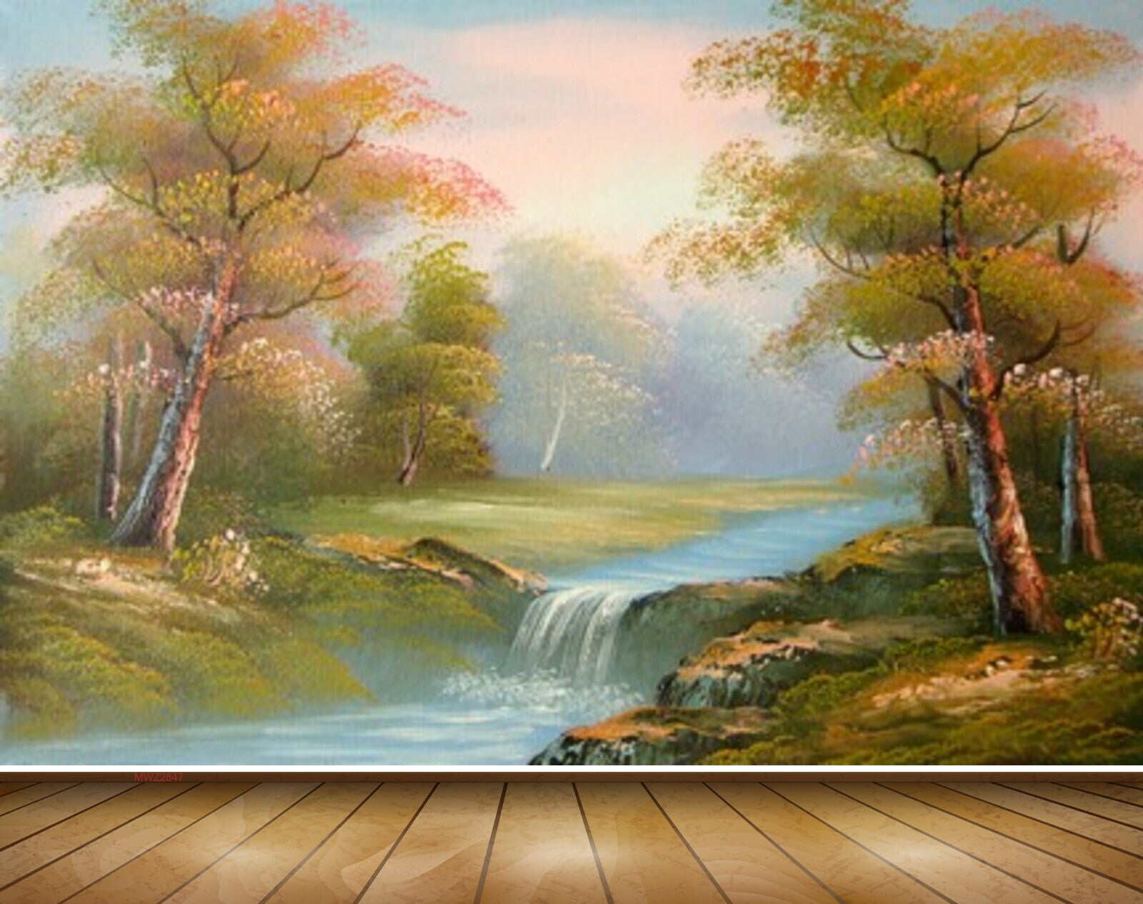 Avikalp MWZ2847 Trees Waterfalls Leaves Grass River Pomd Lake Water Painting HD Wallpaper