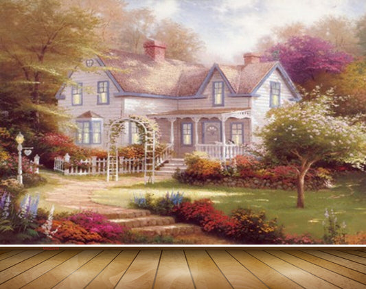 Avikalp MWZ2849 Trees House Grass Flowers Garen Off Road Lamps Clouds Painting HD Wallpaper