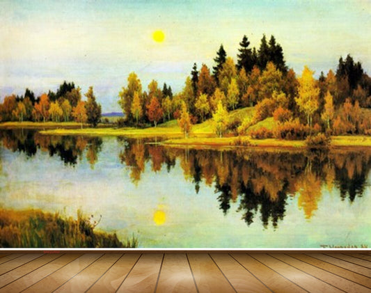 Avikalp MWZ2850 Sun Sky Trees Lake RIver Water Clouds Grass Paintng HD Wallpaper