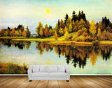 Avikalp MWZ2850 Sun Sky Trees Lake RIver Water Clouds Grass Paintng HD Wallpaper