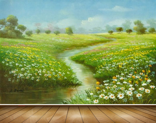 Avikalp MWZ2854 Clouds Trees Grass Sunflowers Lake RIver Pond Water Painting HD Wallpaper