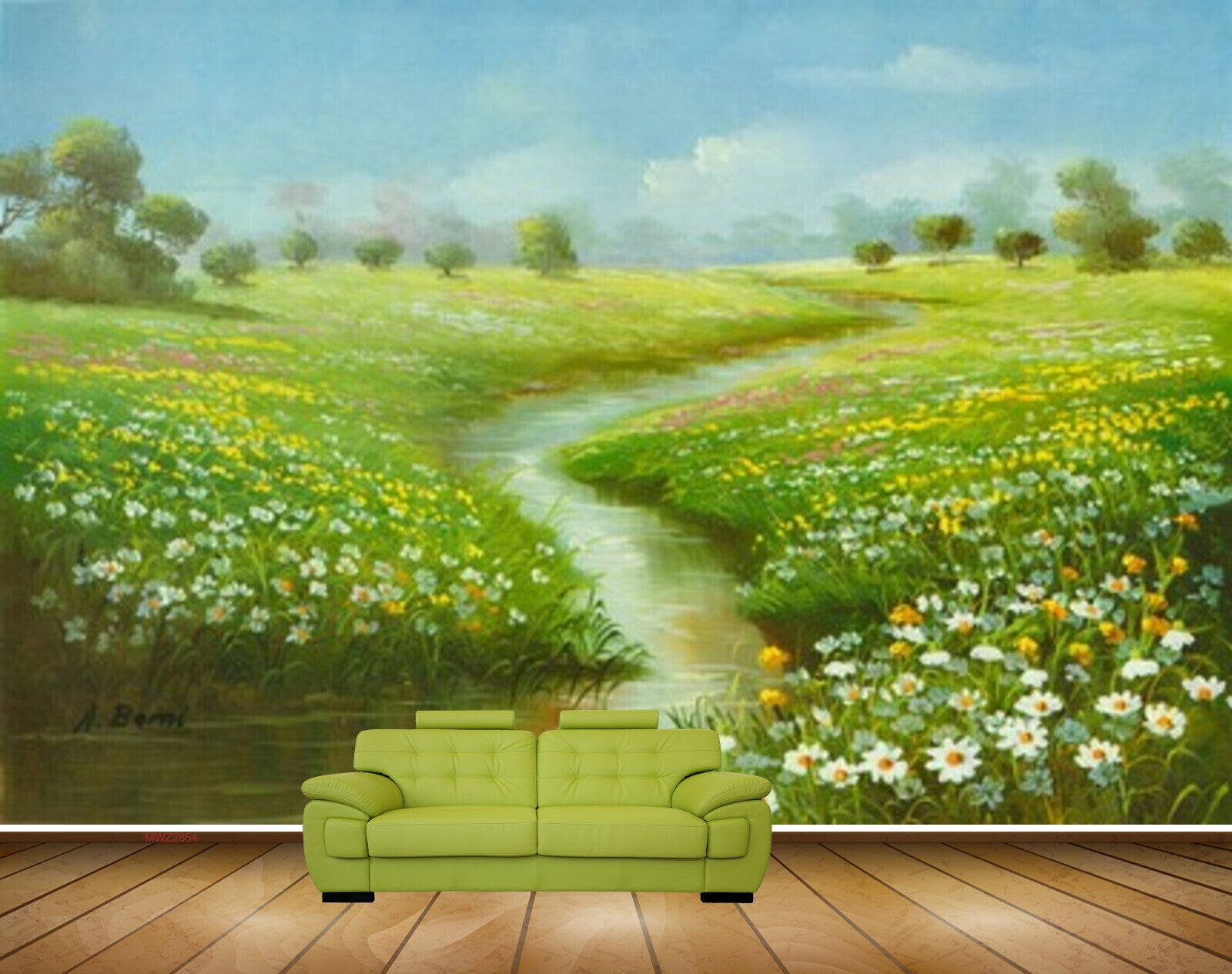 Avikalp MWZ2854 Clouds Trees Grass Sunflowers Lake RIver Pond Water Painting HD Wallpaper