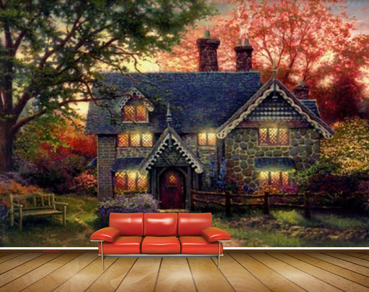 Avikalp MWZ2855 Houses Treed Red Orange Leaves Bench Grass Garden Painting HD Wallpaper