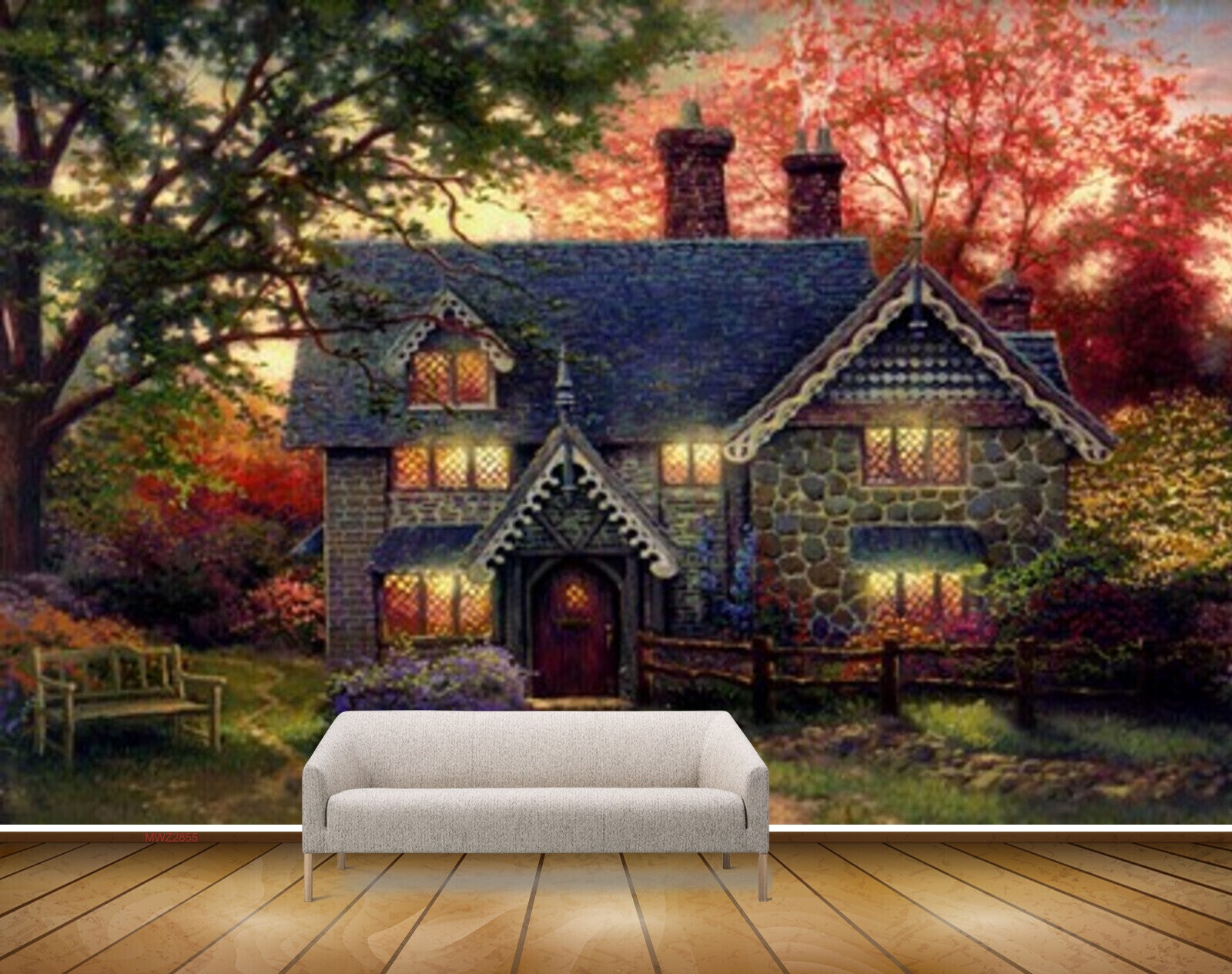 Avikalp MWZ2855 Houses Treed Red Orange Leaves Bench Grass Garden Painting HD Wallpaper