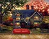 Avikalp MWZ2855 Houses Treed Red Orange Leaves Bench Grass Garden Painting HD Wallpaper