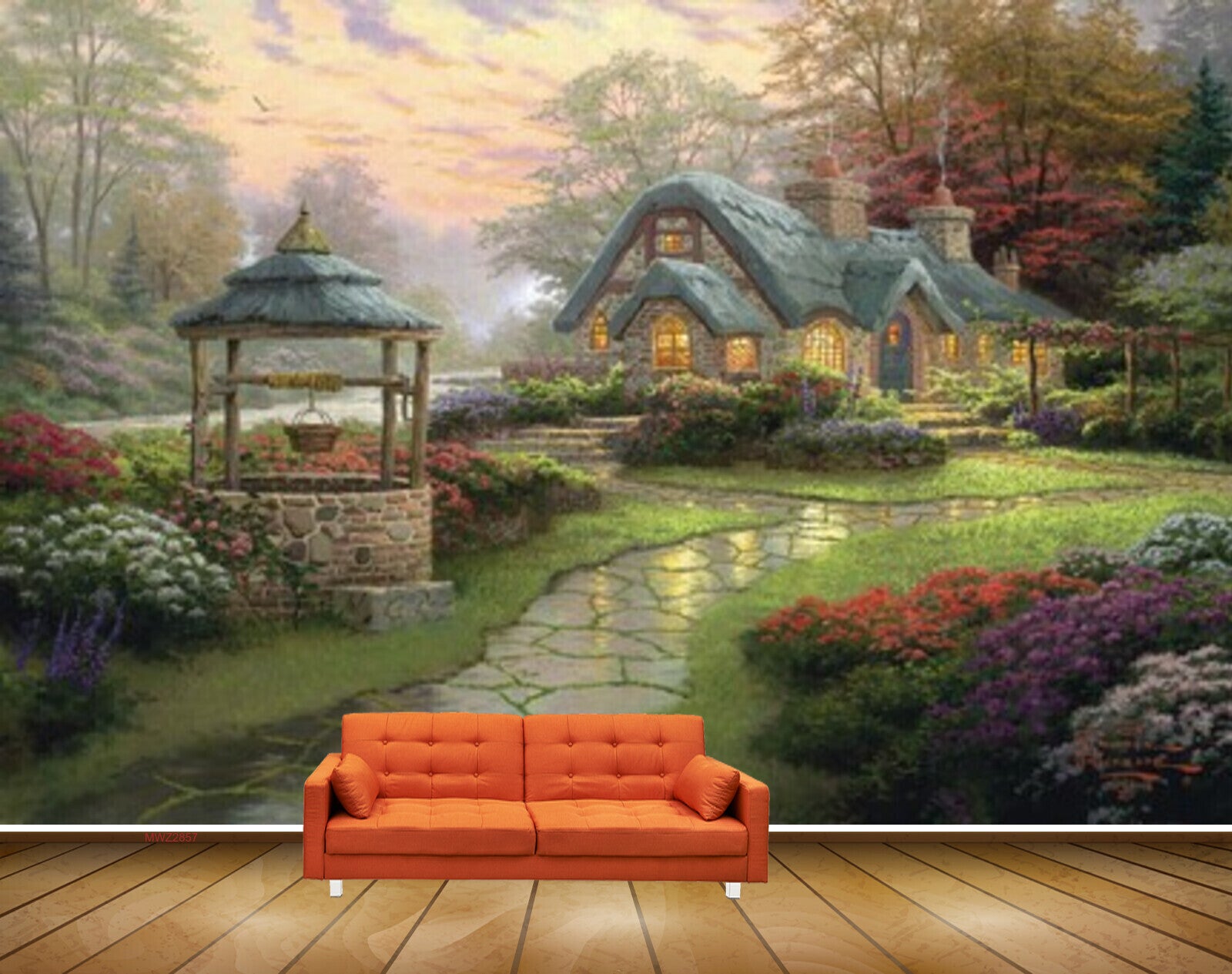 Avikalp MWZ2857 Clouds Trees Well Grass Red Purple Flowers Off Road Plants Painting HD Wallpaper