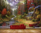 Avikalp MWZ2858 Waterfalls Mountains Trees House Man Fishingrod Red Leaves Grass Stones Boat River Pond Water Painting HD Wallpaper