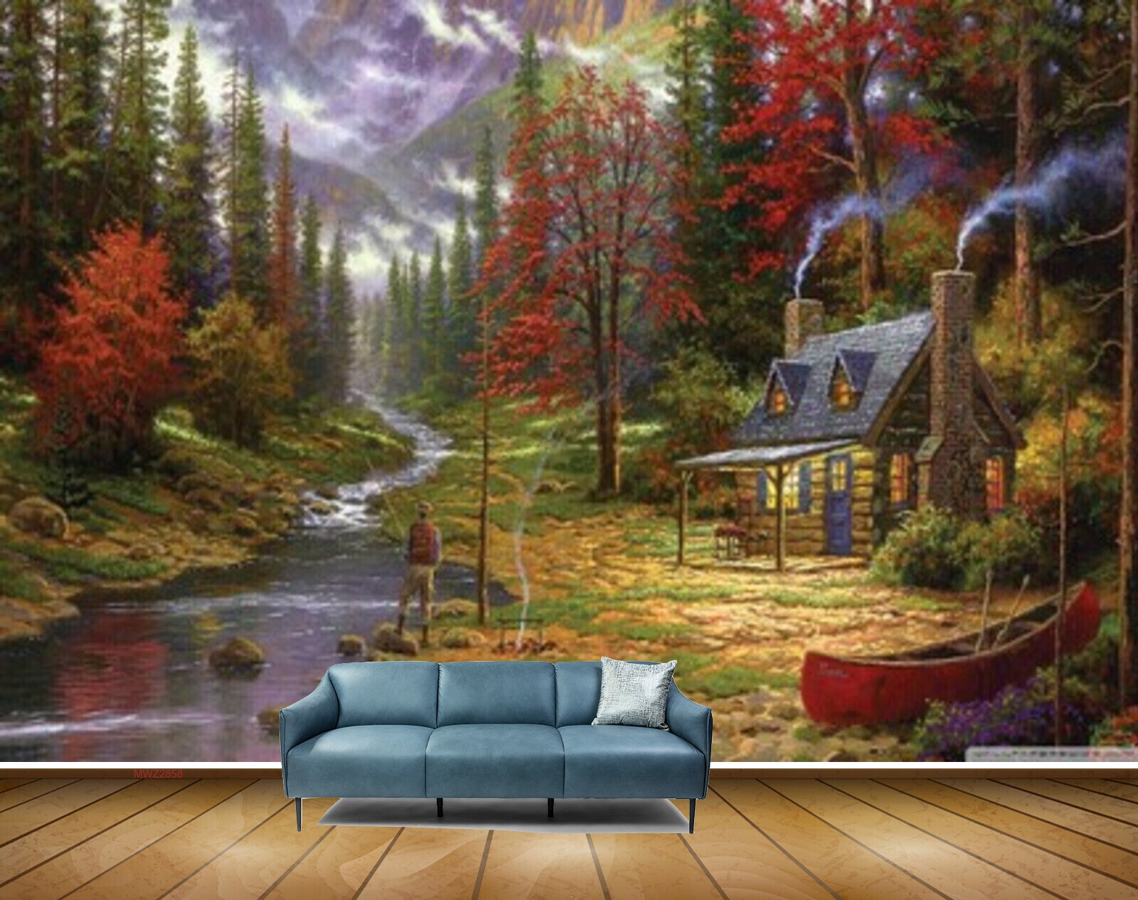 Avikalp MWZ2858 Waterfalls Mountains Trees House Man Fishingrod Red Leaves Grass Stones Boat River Pond Water Painting HD Wallpaper