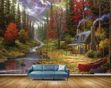 Avikalp MWZ2858 Waterfalls Mountains Trees House Man Fishingrod Red Leaves Grass Stones Boat River Pond Water Painting HD Wallpaper