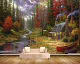 Avikalp MWZ2858 Waterfalls Mountains Trees House Man Fishingrod Red Leaves Grass Stones Boat River Pond Water Painting HD Wallpaper
