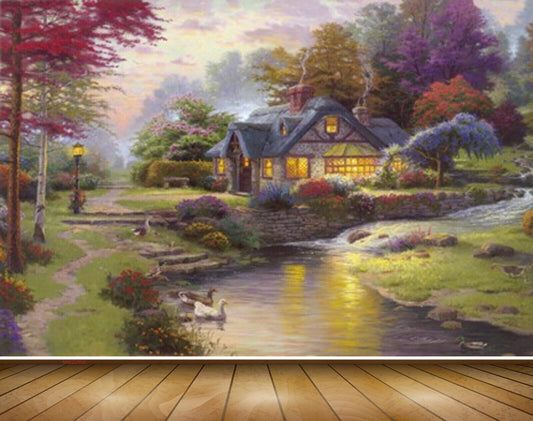 Avikalp MWZ2859 House Lake River Pond water Ducks Trees Purple Pink Leaves Grass Lamps Stones Painting HD Wallpaper