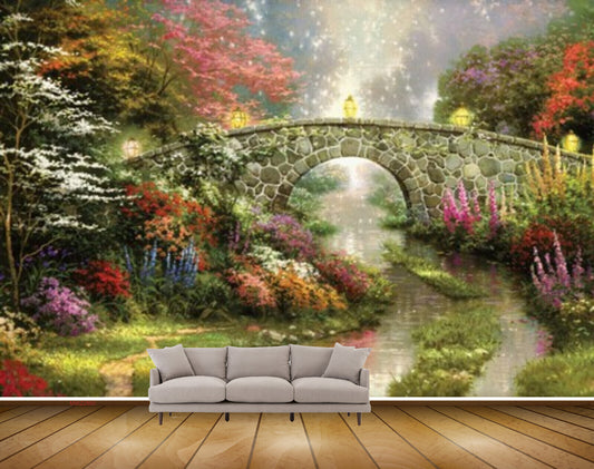 Avikalp MWZ2860 Trees Red Pink Flowers Culvert Bridge Lamps Grass Plants River Pond Lake Water Painting HD Wallpaper