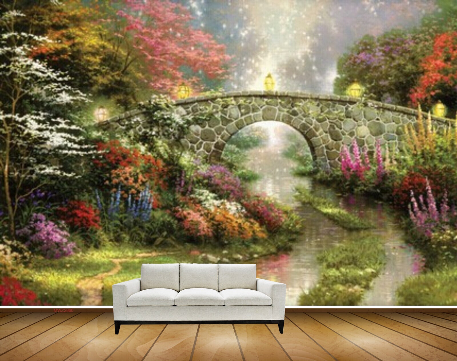 Avikalp MWZ2860 Trees Red Pink Flowers Culvert Bridge Lamps Grass Plants River Pond Lake Water Painting HD Wallpaper