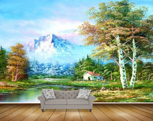 Avikalp MWZ2861 Sky Mountains Trees House Lake River Pond Water Flowers Clouds Hut House Grass Plants Painting HD Wallpaper