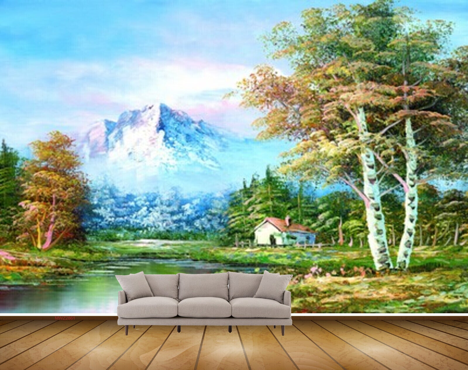 Avikalp MWZ2861 Sky Mountains Trees House Lake River Pond Water Flowers Clouds Hut House Grass Plants Painting HD Wallpaper