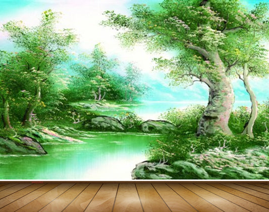 Avikalp MWZ2862 Trees Lake RIver Pond Water Grass Sky Stones Painting HD Wallpaper