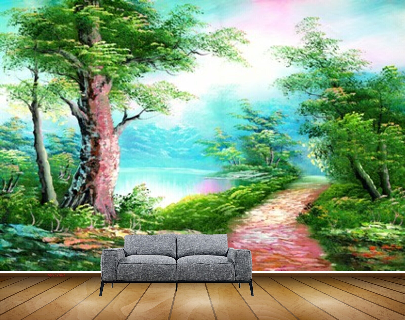 Avikalp MWZ2863 Trees Lake River Water Grass Plants Off Road Sky Painting HD Wallpaper