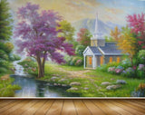 Avikalp MWZ2864 Sky Trees Houses Grass Stones Pink Yellow Leaves Mounatins River Pond Water Painting HD Wallpaper