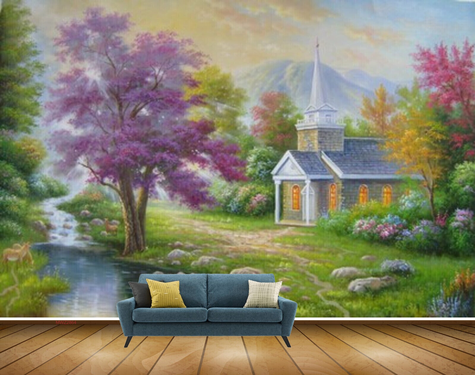 Avikalp MWZ2864 Sky Trees Houses Grass Stones Pink Yellow Leaves Mounatins River Pond Water Painting HD Wallpaper