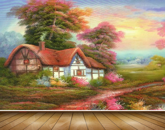 Avikalp MWZ2865 Sky Trees House Pink Flowers Grass Plants Road Painting HD Wallpaper