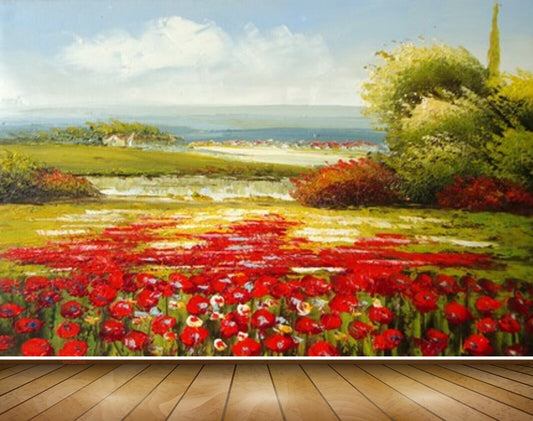 Avikalp MWZ2866 Clouds Grass Trees Red Flowers Plants Painting HD Wallpaper