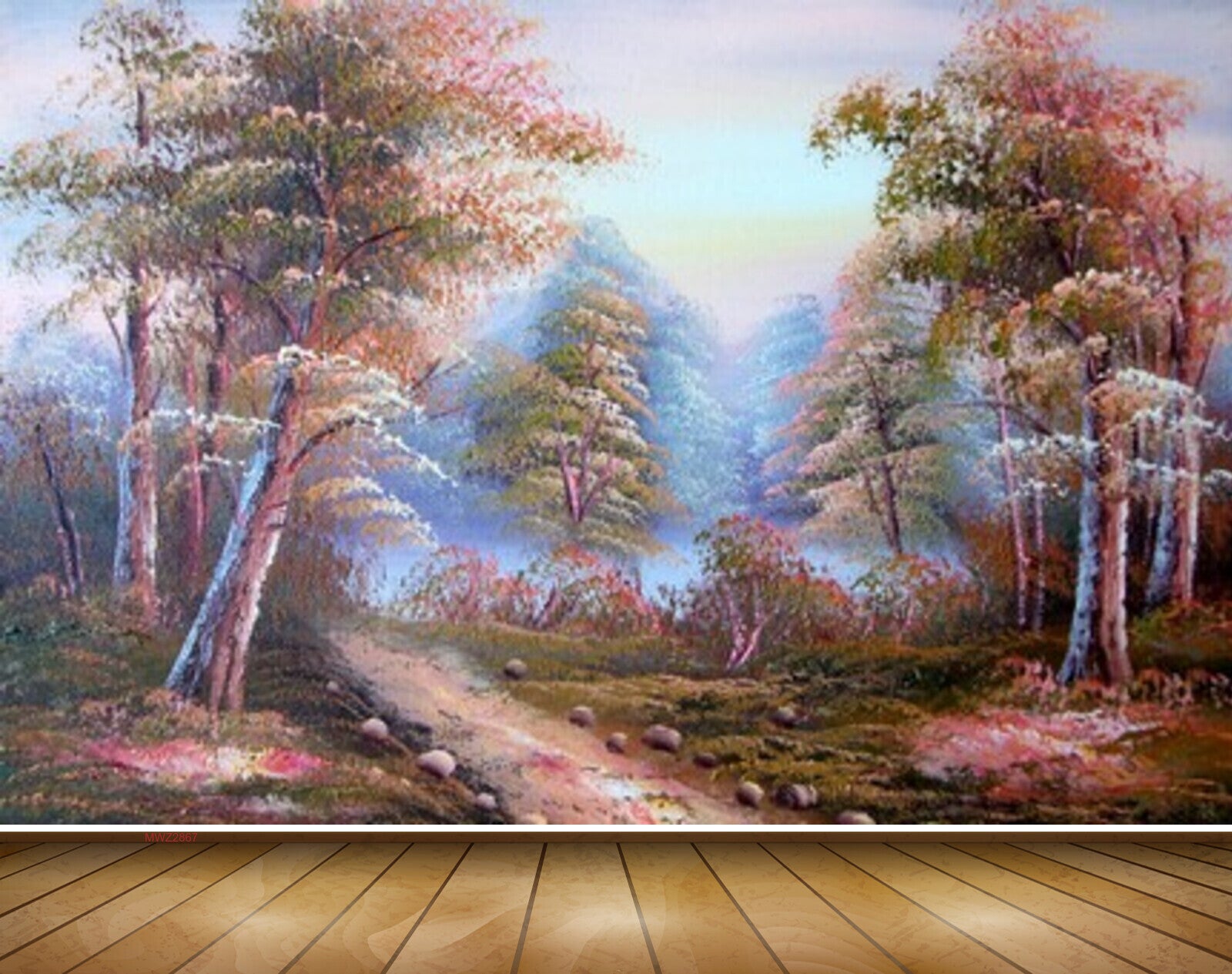Avikalp MWZ2867 Trees Stones Grass Pink White Flowers Off Road Painting HD Wallpaper