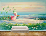Avikalp MWZ2869 Sky Trees Girl White Red Flowers Grass Sea Lake River Water Plants Painting HD Wallpaper