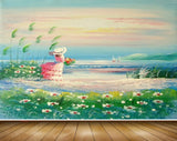 Avikalp MWZ2869 Sky Trees Girl White Red Flowers Grass Sea Lake River Water Plants Painting HD Wallpaper