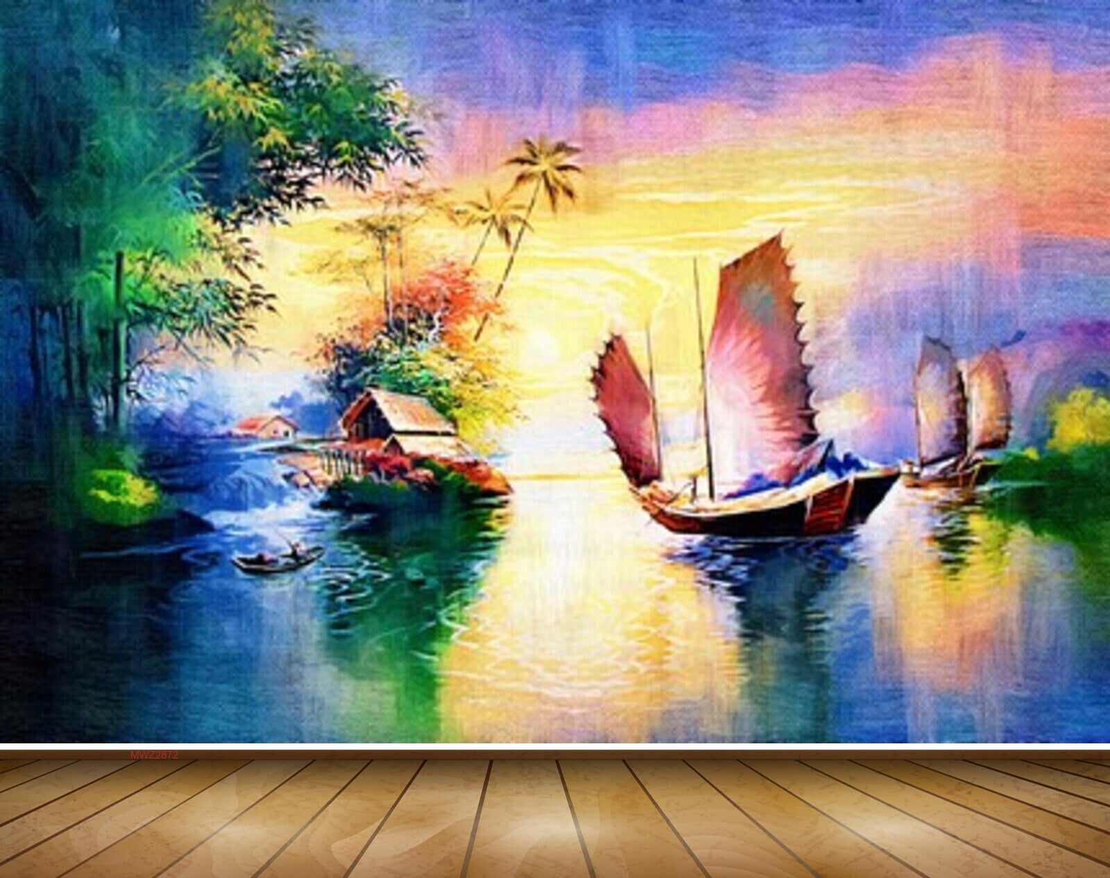 Avikalp MWZ2872 Lake River Water Bamboo Trees Boat Sky Painting HD Wallpaper