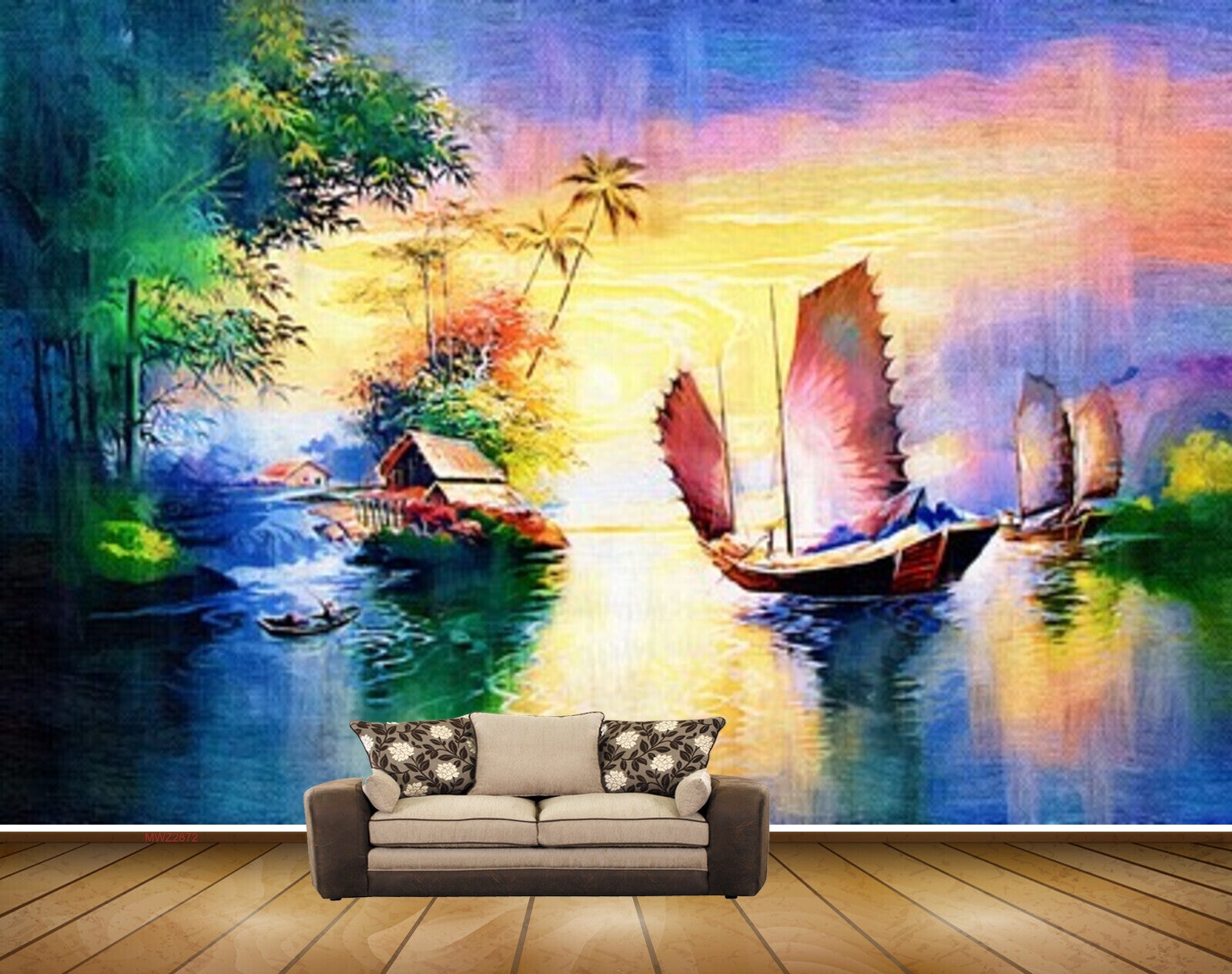 Avikalp MWZ2872 Lake River Water Bamboo Trees Boat Sky Painting HD Wallpaper