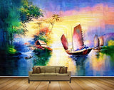 Avikalp MWZ2872 Lake River Water Bamboo Trees Boat Sky Painting HD Wallpaper