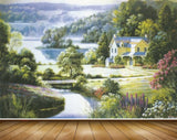 Avikalp MWZ2873 Waterfalls Trees House Pink Flowers Lake River Pond Water Grass Painting HD Wallpaper