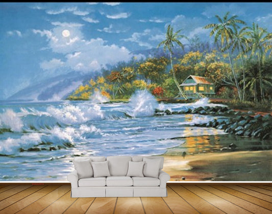Avikalp MWZ2874 Sun Mountains Sea Coconuts Trees House Stones Grass Beach Water Ocean Painting HD Wallpaper
