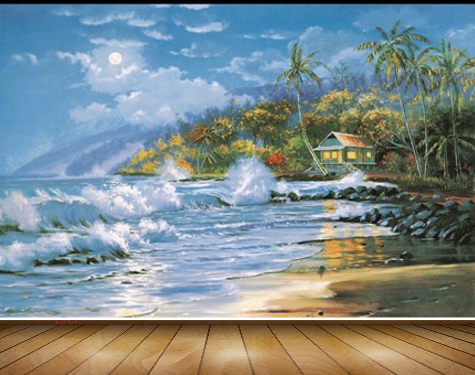 Avikalp MWZ2874 Sun Mountains Sea Coconuts Trees House Stones Grass Beach Water Ocean Painting HD Wallpaper