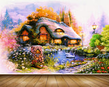 Avikalp MWZ2875 House Trees Cranes Lake Pond Water Flowers Lamp Plants Clouds Painting HD Wallpaper