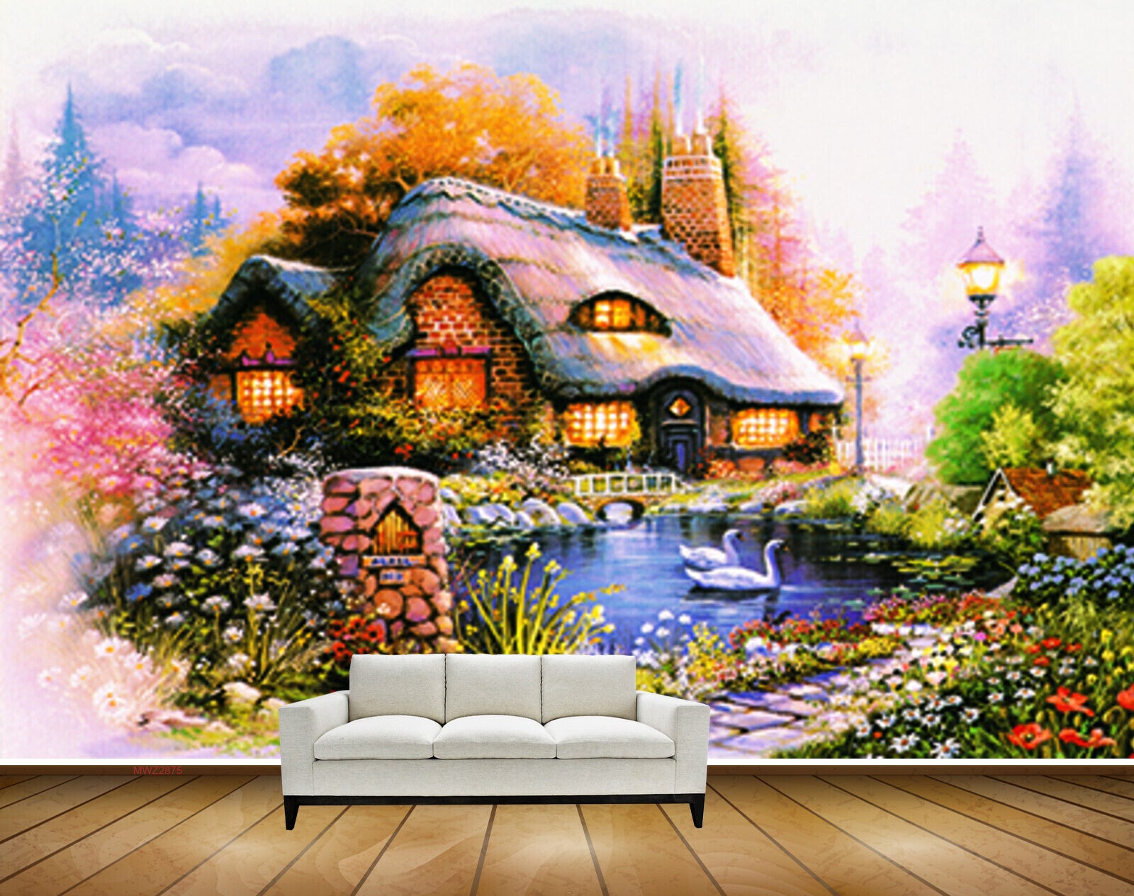 Avikalp MWZ2875 House Trees Cranes Lake Pond Water Flowers Lamp Plants Clouds Painting HD Wallpaper