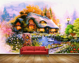 Avikalp MWZ2875 House Trees Cranes Lake Pond Water Flowers Lamp Plants Clouds Painting HD Wallpaper